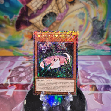 A Platinum Secret Rare "Danger!? Tsuchinoko?" card from the Yugioh Set: Quarter Century Stampede (RA04)