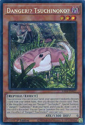 A Secret Rare "Danger!? Tsuchinoko?" card from the Yugioh Set: Quarter Century Stampede (RA04).