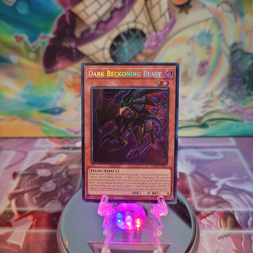 A Secret Rare "Dark Beckoning Beast" card from the Yugioh Set: Quarter Century Bonanza (RA03).