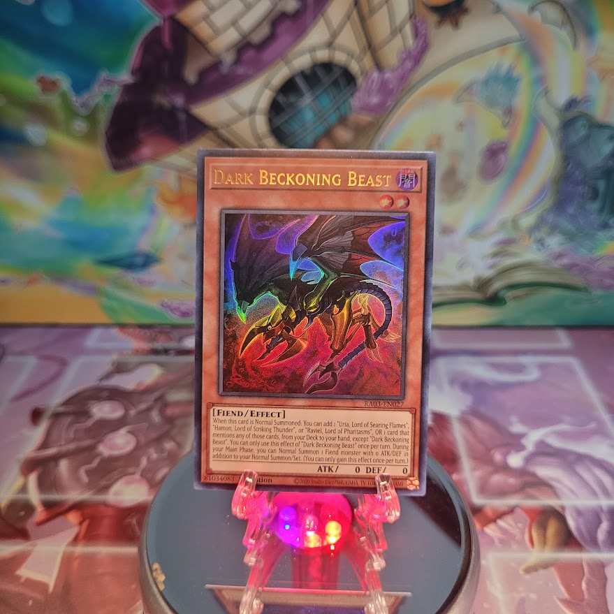 An Ultra Rare "Dark Beckoning Beast" card from the Yugioh Set: Quarter Century Bonanza (RA03).