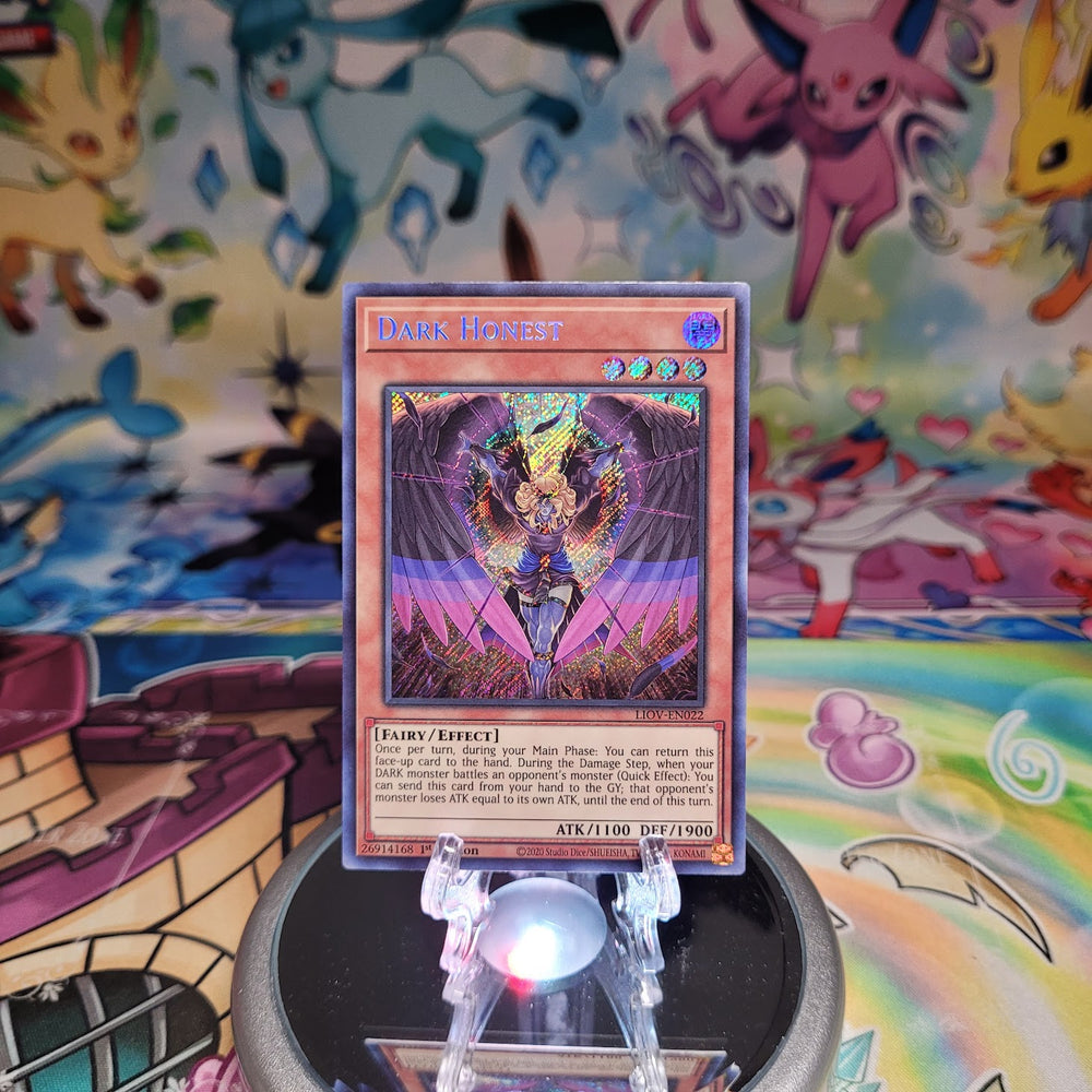 A Secret Rare "Dark Honest" card from the Yugioh Set: Lightning Overdrive (LIOV).