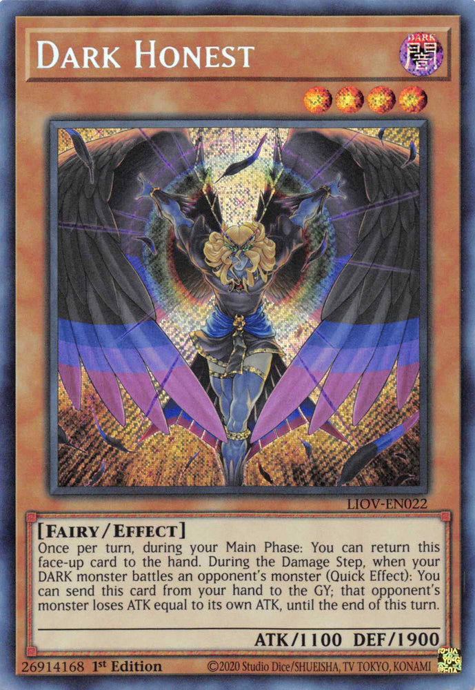 A Secret Rare "Dark Honest" card from the Yugioh Set: Lightning Overdrive (LIOV).