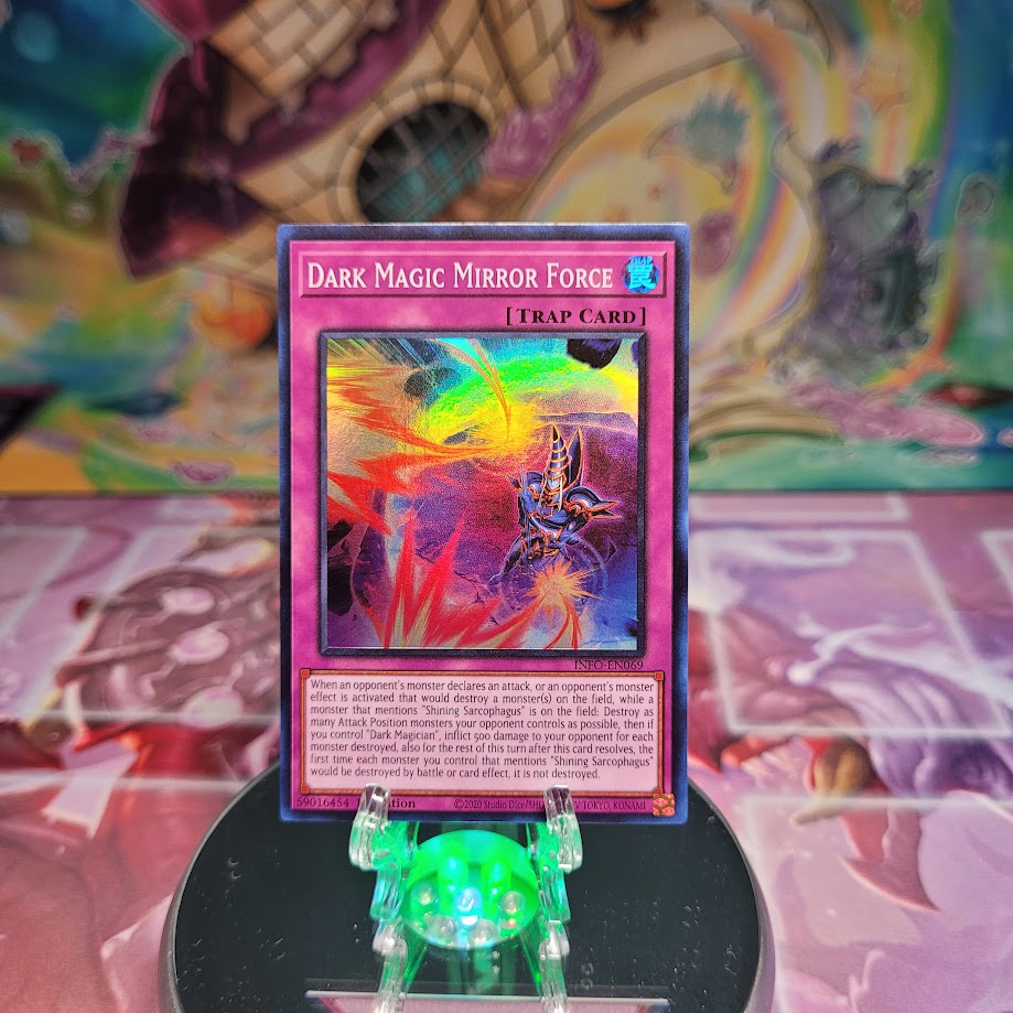 A Super Rare "Dark Magic Mirror Force" card from the Yugioh Set: The Infinite Forbidden.