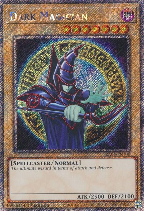 A Platinum Secret Rare 9th Art "Dark Magician" card from the Yugioh Set: Quarter Century Bonanza (RA03).