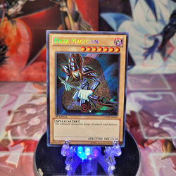 A Secret Rare "Dark Magician" card from the Yugioh Set: Legendary Collection 3: Yugi's World.