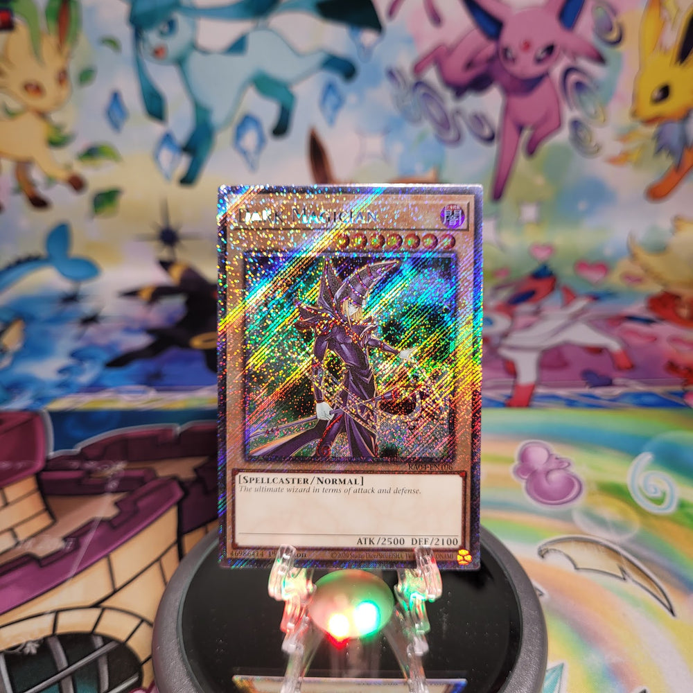 A Platinum Secret Rare "Dark Magician" card from the Yugioh Set: Quarter Century Stampede (RA04).