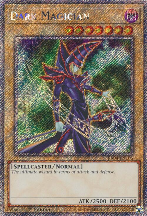 A Platinum Secret Rare "Dark Magician" card from the Yugioh Set: Quarter Century Stampede (RA04).