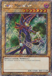 A Platinum Secret Rare "Dark Magician" card from the Yugioh Set: Quarter Century Stampede (RA04).