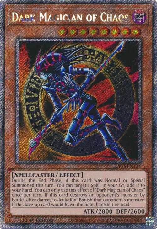 A Platinum Secret Rare "Dark Magician of Chaos" card from the Yugioh Set: Quarter Century Bonanza (RA03).
