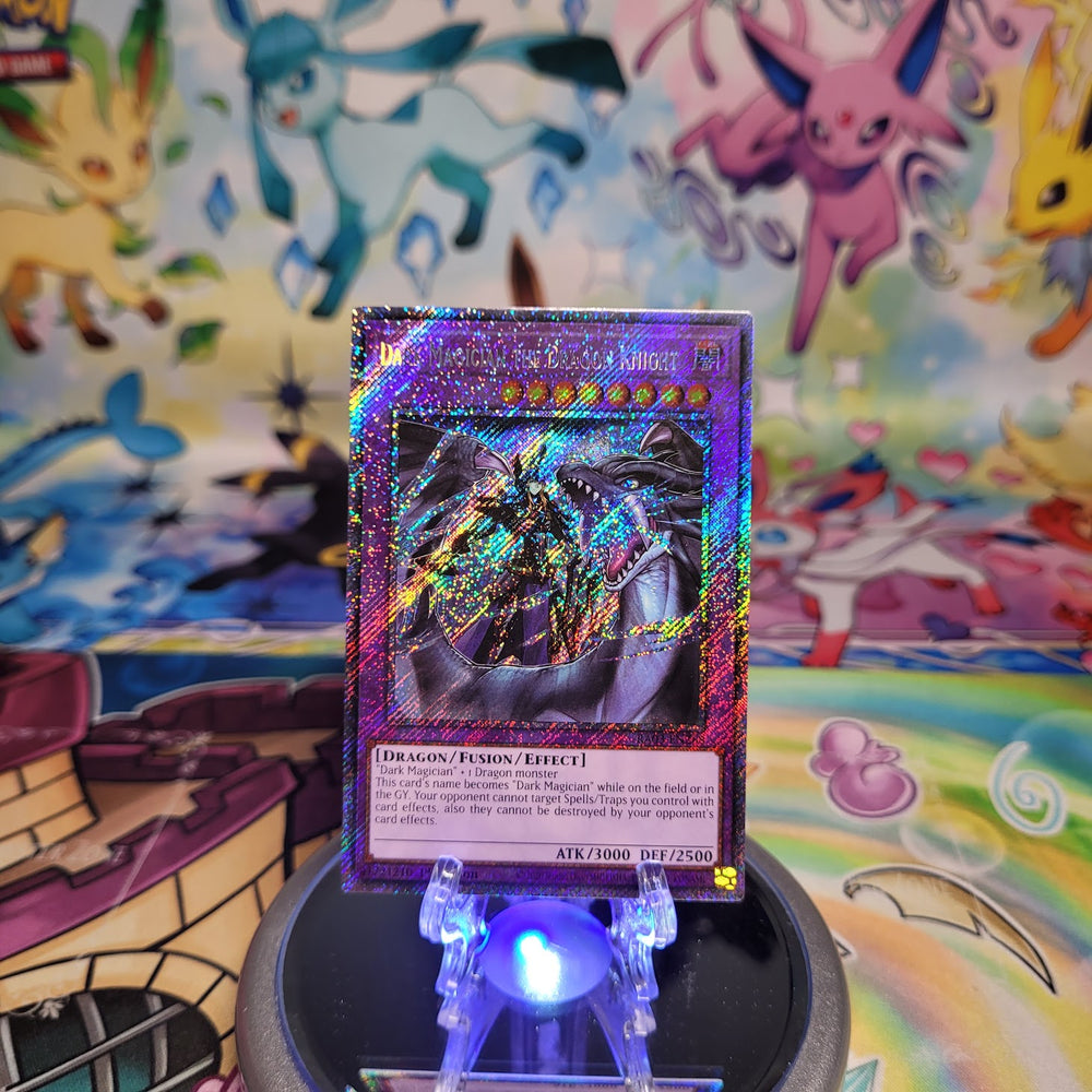 A Platinum Secret Rare "Dark Magician the Dragon Knight" card from the Yugioh Set: Quarter Century Bonanza (RA03).