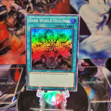 A Super Rare "Dark World Dealings" card from the Yugioh Set: Mystic Fighters.