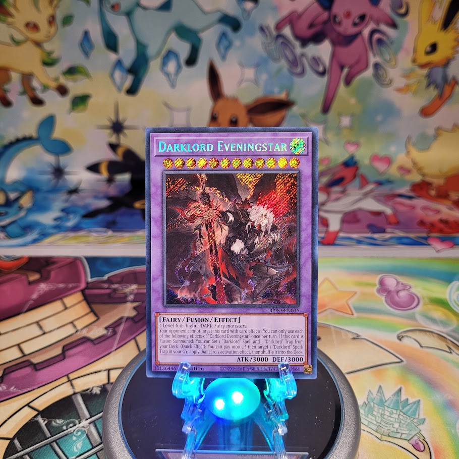 A Secret Rare "Darklord Eveningstar" card from the Yugioh Set: Burst Protocol (BPRO).