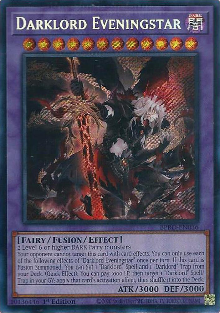 A Secret Rare "Darklord Eveningstar" card from the Yugioh Set: Burst Protocol (BPRO).