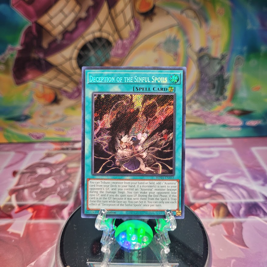  A Secret Rare "Deception of the Sinful Spoils" card from the Yugioh Set: Rage of the Abyss (ROTA).