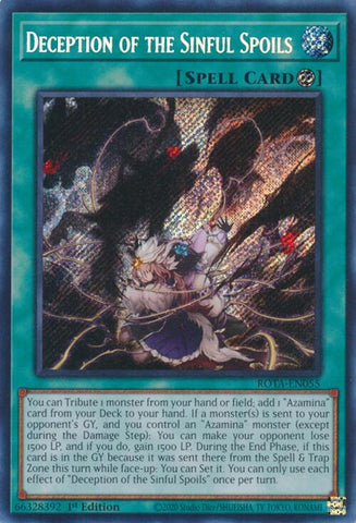 A Secret Rare "Deception of the Sinful Spoils" card from the Yugioh Set: Rage of the Abyss (ROTA).