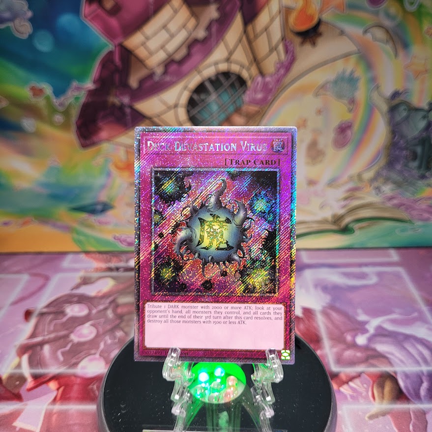 A Platinum Secret Rare "Deck Devastation Virus" card from the Yugioh Set: Quarter Century Bonanza (RA03)