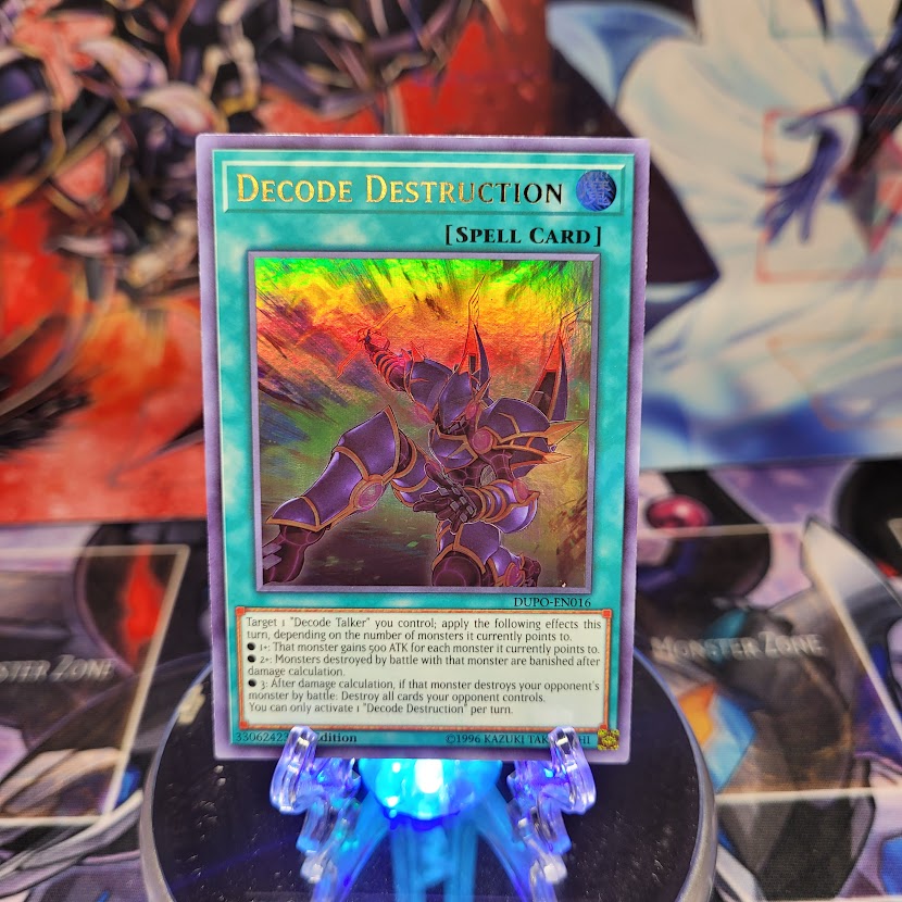 An Ultra Rare "Decode Destruction" card from the Yugioh Set: Duel Power.