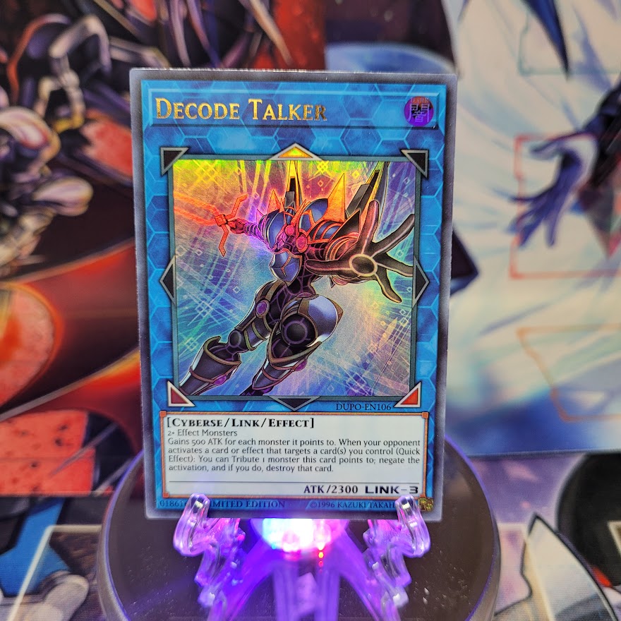 An Ultra Rare "Decode Talker" card from the Yugioh Set: Duel Power.