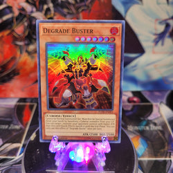 A Super Rare "Degrade Buster" card from the Yugioh Set: Flames of Destruction.