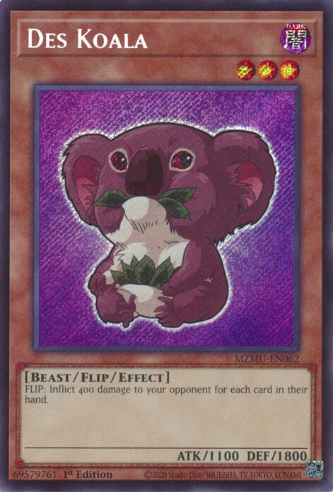 A Secret Rare "Des Koala" Chibi Art card from the Yugioh Set: Maze of Muertos (MZMU).