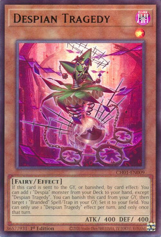 An Ultra Rare "Despian Tragedy" card from the Yugioh Structure Deck: The Fallen & The Virtuous (CH01).