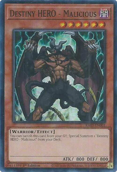 A Super Rare "Destiny Hero - Malicious" card from the Yugioh Set: Quarter Century Bonanza (RA03).