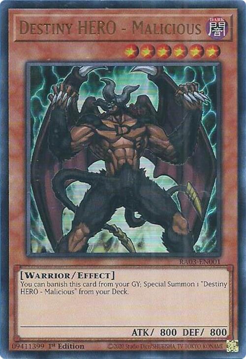 An Ultra Rare "Destiny Hero - Malicious" card from the Yugioh Set: Quarter Century Bonanza (RA03).