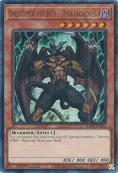 An Ultra Rare "Destiny Hero - Malicious" card from the Yugioh Set: Quarter Century Bonanza (RA03).