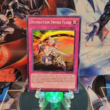 A Super Rare "Destruction Sword Flash" card from the Yugioh Set: Clash of Rebellions.