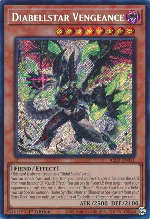 A Secret Rare "Diabellstar Vengeance" card from the Yugioh Set: Alliance Insight (ALIN).