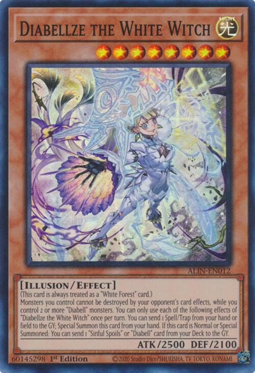 A Super Rare "Diabellze the White Witch" card from the Yugioh Set: Alliance Insight (ALIN).