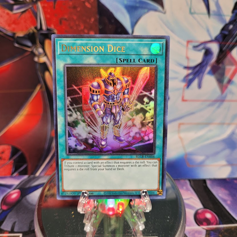 An Ultra Rare "Dimension Dice" card from the Yugioh Set: Battles of Legend: Crystal Revenge.