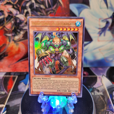 An Ultra Rare "Dinomight Knight, The True Dracofighter" card from the Yugioh Set: Maximum Crisis.