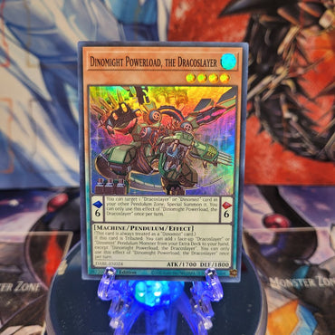 A Super Rare "Dinomight Powerload, the Dracoslayer" card from the Yugioh Set: Darkwing Blast.