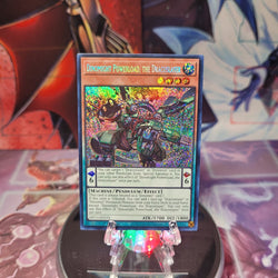 A Prismatic Secret Rare "Dinomight Powerload, the Dracoslayer" card from the Yugioh 25th Anniversary Tin: Dueling Heroes set.