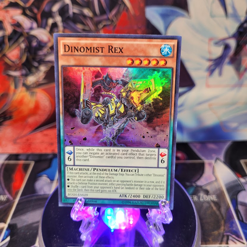 A Super Rare "Dinomist Rex" card from the Yugioh Set: Breakers of Shadow.