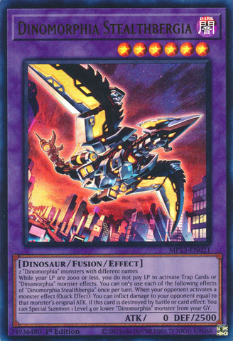 An Ultra Rare "Dinomorphia Stealthbergia" card from the Yugioh Set: 25th Anniversary Tin: Dueling Heroes (MP23).