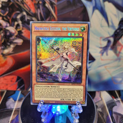 A Prismatic Secret Rare "Dogmatika Ecclesia, the Virtuous" card from the Yugioh 2021 Tin of Ancient Battles.