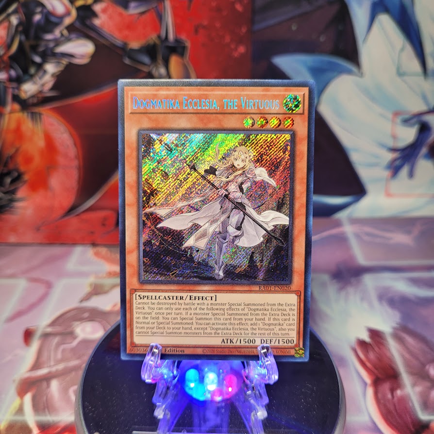 A Secret Rare "Dogmatika Ecclesia, the Virtuous" card from the Yugioh Set: Rarity Collection 1 