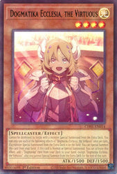 An Ultra Rare "Dogmatika Ecclesia, the Virtuous" card from the Yugioh Structure Deck: The Fallen & The Virtuous (CH01).