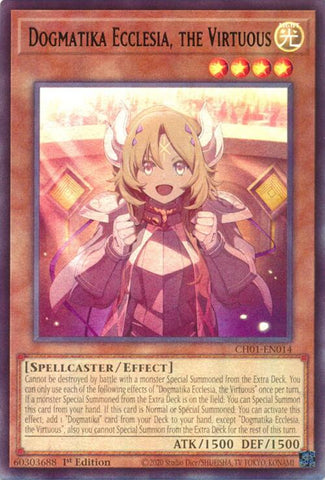 An Ultra Rare "Dogmatika Ecclesia, the Virtuous" card from the Yugioh Structure Deck: The Fallen & The Virtuous (CH01).