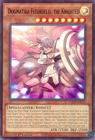 An Ultra Rare "Dogmatika Fleurdelis, the Knighted" card from the Yugioh Structure Deck: The Fallen & The Virtuous (CH01).