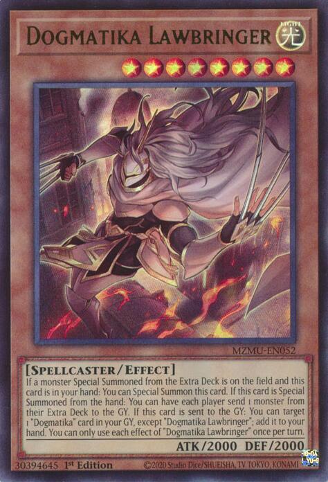 An Ultra Rare "Dogmatika Lawbringer" card from the Yugioh Set: Maze of Muertos (MZMU).