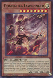 An Ultra Rare "Dogmatika Lawbringer" card from the Yugioh Set: Maze of Muertos (MZMU).