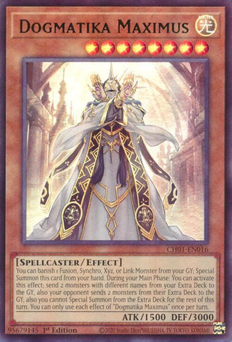 An Ultra Rare "Dogmatika Maximus" card from the Yugioh Structure Deck: The Fallen & The Virtuous (CH01).