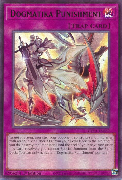 An Ultra Rare "Dogmatika Punishment" card from the Yugioh Structure Deck: The Fallen & The Virtuous (CH01).