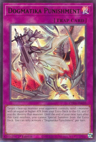 An Ultra Rare "Dogmatika Punishment" card from the Yugioh Structure Deck: The Fallen & The Virtuous (CH01).