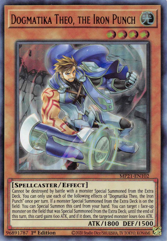 An Ultra Rare "Dogmatika Theo, the Iron Punch" card from the Yugioh 2021 Tin of Ancient Battles (MP21).
