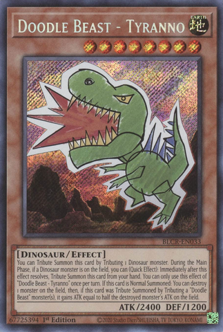 A Secret Rare "Doodle Beast - Tyranno" card from the Yugioh Set: Battles of Legend: Crystal Revenge (BLCR).