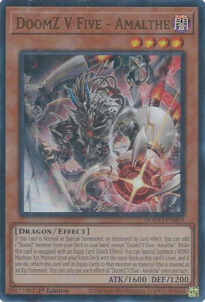 An Ultra Rare "DoomZ V Five - Amalthe" card from the Yugioh Set: Doom of Dimensions (DOOD).
